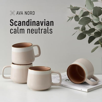 Ava Nord Large Ceramic Coffee Mugs Set of 4 | 16 oz Stoneware Coffee Cups | Lead-Free, Non-Toxic | Microwave and Dishwasher Safe | Comfortable Handle | Nordic Design for Tea, Cocoa, Latte | Rose Sand