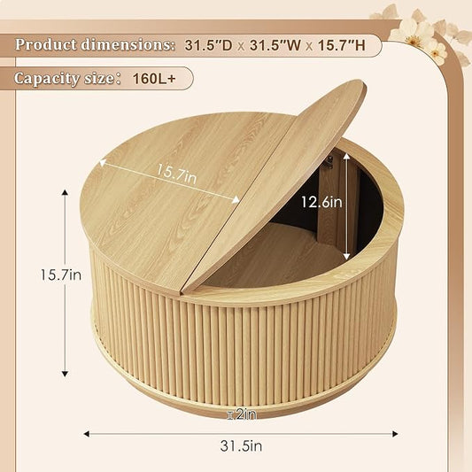 LYNCOHOME 31.5'' Fluted Flip Top Round Coffee Table with Storage, Circle Coffee Table, Modern Coffee Table for Living Room, Center Table for Living Room, Home Office, Light Oak, Natural