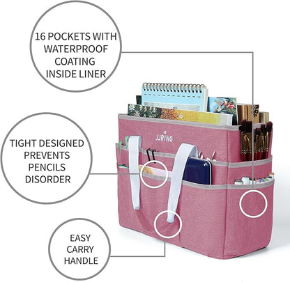 JJRING Craft Organizer Tote Bag, Large Art Storage Caddy with Multiple Pockets, Pink Sewing Bag for Art, Craft, Scrapbooking, Medical, and Office Supplies Storage