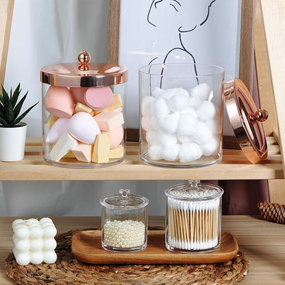 SheeChung 3-Pack Plastic Apothecary Jars with Rose Gold Metal Lids - Large 50oz, 25oz & 15oz Acrylic Storage Set - Shatterproof Laundry Room & Bathroom Organizer - Modern Minimalist Chic Decor