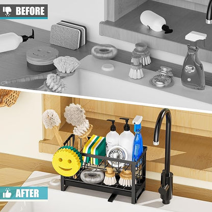Taugast Sponge Holder for Kitchen Sink with Flexible Sponge Holder Smiley Face,2 Tier Kitchen Sink Organizer Countertop and Storage Essentials,Soap Dispenser Organize,Home Decor Accessories-Black