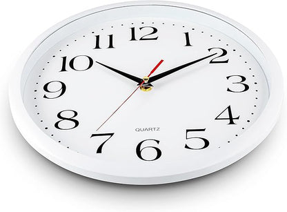 Bernhard Products White Wall Clock Silent Non Ticking, 12 Inch Quality Quartz Battery Operated Round Easy to Read Home/Office/Kitchen/Classroom/School Sweep Clock, Black Hands