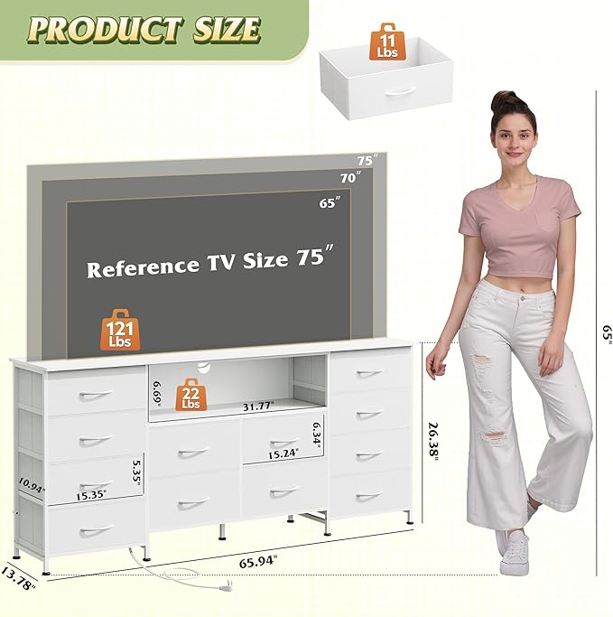 WLIVE White Dresser for Bedroom, Dresser TV Stand for 65, 70, 75 inch TV with Led Lights & Charging Station, Fabric Chest of Drawers with Open Shelves, 12 Drawer Dressers for Closet, Living Room
