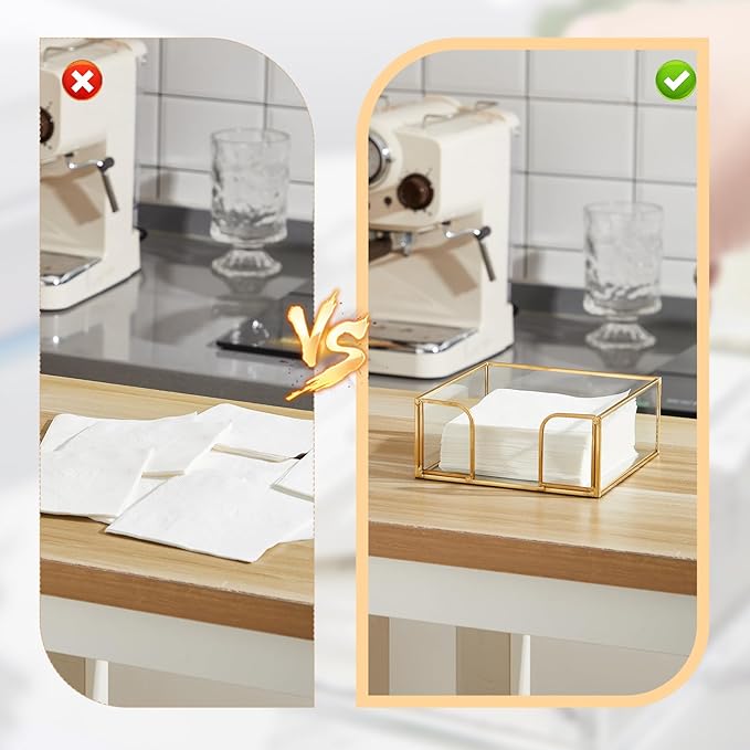 LemonRoad 2 Pcs Square Gold Napkin Holder for Table 5.7 x 5.7 Inch Decorative Cocktail Napkin Holder Glass Flat Paper Basket for Kitchen Dining Buffet Bar Counter Wedding Party Restaurant Bar Hotel