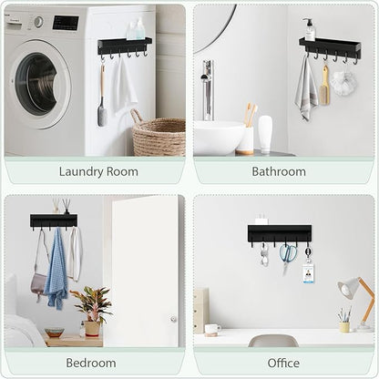 Magnetic Key Holder Wall Mount, Small Metal Key Rack with Tray, 9.6 Inch, 6 Hooks, 2 Installation Options, Black