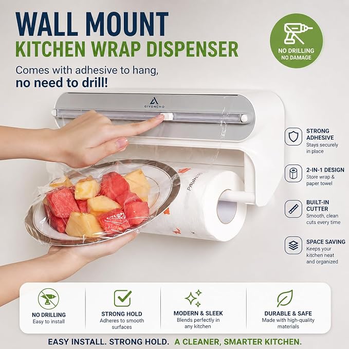 Magnetic Plastic Wrap Dispenser with Cutter, 2-in-1 Kitchen Wrap Organizer for Plastic Wrap, Cling Film & Aluminum Foil, Wall Mount Foil Dispenser (2 in 1)