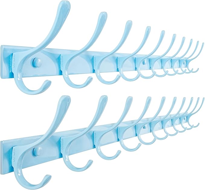 SKOLOO Coat Rack Wall Mounted - 10 Hooks, Pack of 2, Heavy Duty, Stainless Steel, Metal Coat Hanger, Sturdy Wall Hooks for Hanging Coats, Jacket, Clothes, Hat, Blue