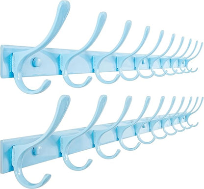 SKOLOO Coat Rack Wall Mounted - 10 Hooks, Pack of 2, Heavy Duty, Stainless Steel, Metal Coat Hanger, Sturdy Wall Hooks for Hanging Coats, Jacket, Clothes, Hat, Blue