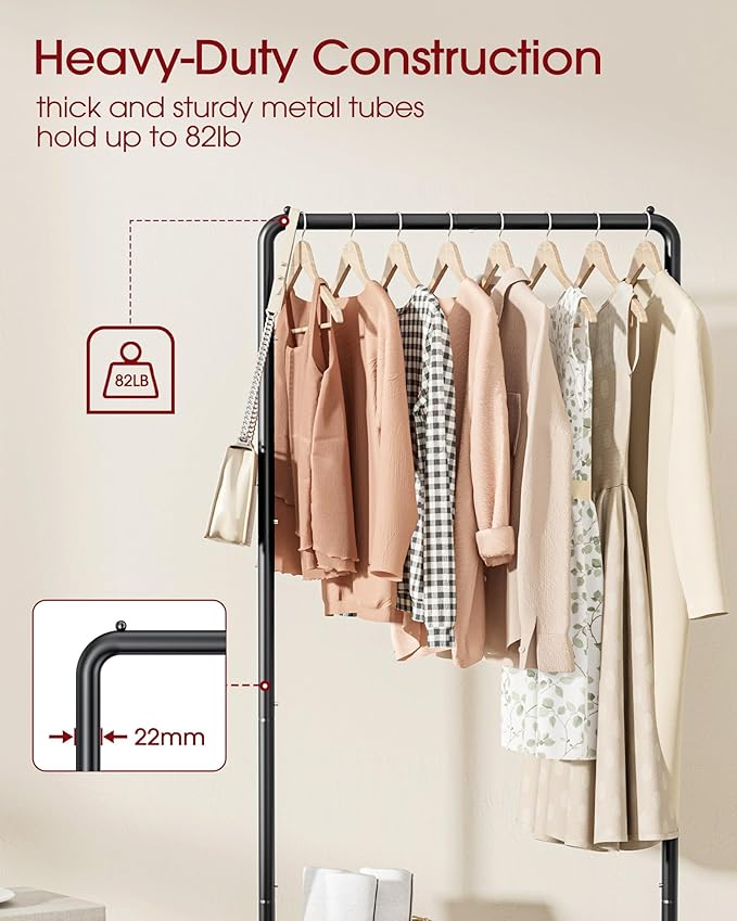 Clothes Rack - Clothing Rack with Storage Mesh Shelf & Casters, Heavy-Duty Metal Clothing Rack for Hanging Clothes, Dresses, Coats, Large Load Capacity, Easy Assembly, Black, 28.0"x16.9"x59.0"