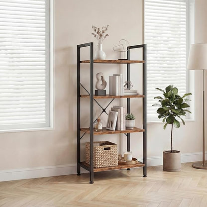 DUMOS 4 Tiers Bookshelf, Classical Book Shelf, Tall Display Shelves in Living Room/Home/Office, Storage Organizer for CDs/Books/Movies, Brown