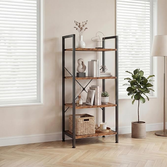 DUMOS 4-Tier Bookshelf, Modern Tall Bookcase, Open Storage Display Shelf for Living Room, Bedroom, Home Office, Narrow Standing Shelving Unit for Books, CDs, Décor，Brown