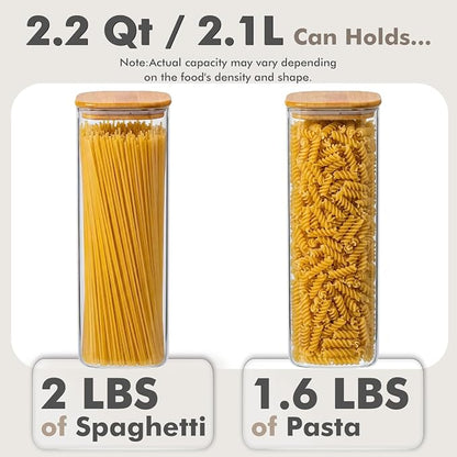 3-Pack 2.2Qt Square Glass Spaghetti Jars with Bamboo Lids | Minimalist Kitchen Organizer,Scandinavian Style Storage,Nordic Style Storage,Food Storage Canister for Pasta, Penne, Macaroni