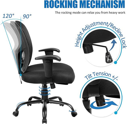 Bigroof Home Office Chair Ergonomic Mesh Desk Chair 400lbs with Adjustable Lumbar Support Arms High Back Wide Seat Task Executive Rolling Swivel Chair for Women Men, Heavy People