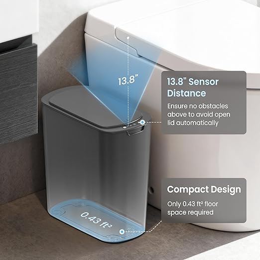 Cesun Automatic Motion Sensor Bathroom Trash Can with Lid, 2.6 Gallon Touchless Trash Bin, Smart Plastic Slim Garbage Can Small Grey Wastebasket for Toilet, Office, rv, Bedroom, Living Room