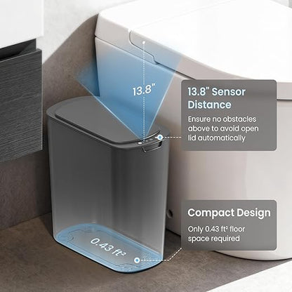 Cesun Automatic Motion Sensor Bathroom Trash Can with Lid, 2.6 Gallon Touchless Trash Bin, Smart Plastic Slim Garbage Can Small Grey Wastebasket for Toilet, Office, rv, Bedroom, Living Room