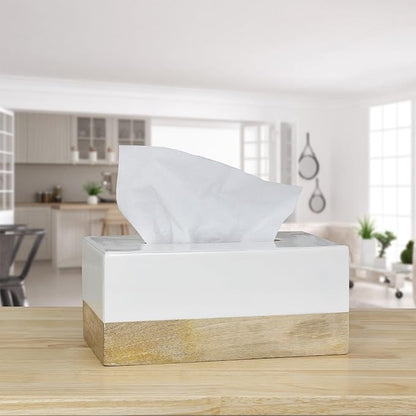 AuldHome Design Rectangular Tissue Box Cover (Enamel/Mango Wood); Minimalist Scandinavian Decor White Oblong Tissue Holder