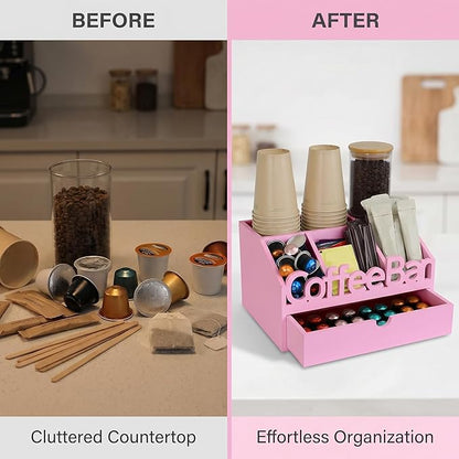 Coffee Bar Organizer for Countertop – Wooden Coffee Station, Tea and K Cup, Condiment Storage Rack, Coffee Pod Holder for Home and Office Counter Organization (Drawer - Pink)