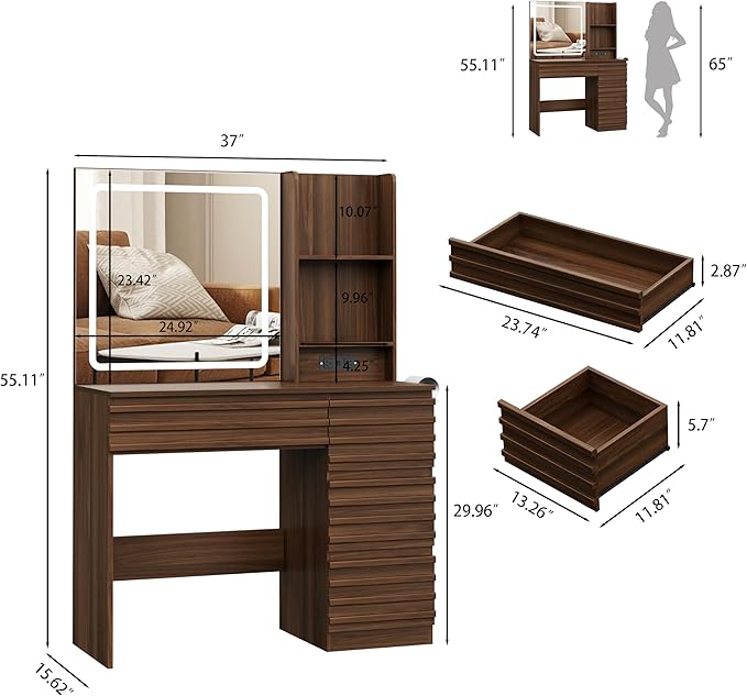Makeup Vanity Desk with Lights, Fluted Vanity with 4 Drawers, Open Shelves, Power Outlet, LED Lighted Mirror, 3 Lighting Modes & Brightness Adjustable, Wood Dressing Table for Bedroom, Walnut