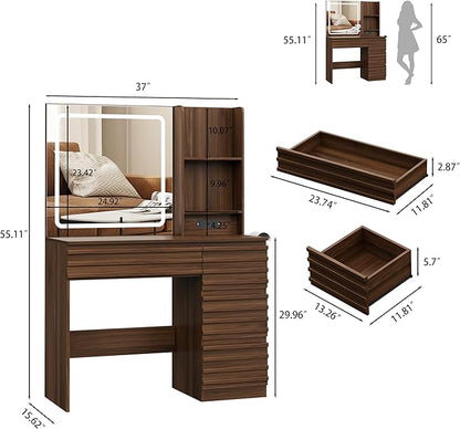 Makeup Vanity Desk with Lights, Fluted Vanity with 4 Drawers, Open Shelves, Power Outlet, LED Lighted Mirror, 3 Lighting Modes & Brightness Adjustable, Wood Dressing Table for Bedroom, Walnut