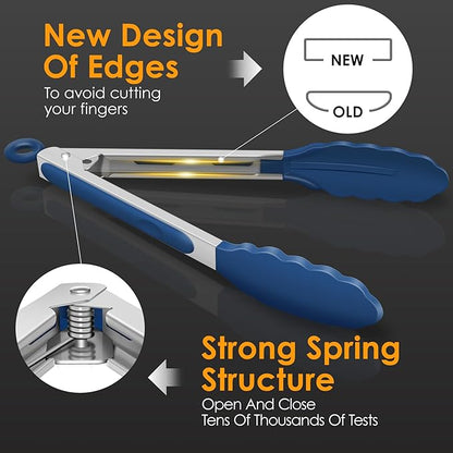 HOTEC Premium Stainless Steel Locking Kitchen Tongs with Silicon Tips, Set of 2-9" and 12", Classic Blue