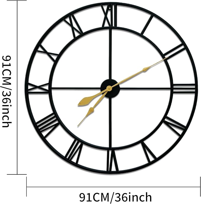 Blorple 36inch/91cm Large Wall Clocks for Living Room Decor,Wall Clocks Battery Operated,Metal,Decorative,Analog,Silent, Non Ticking,Extra Large Wall Clock (Iron Roman Numerals, 36 inches)