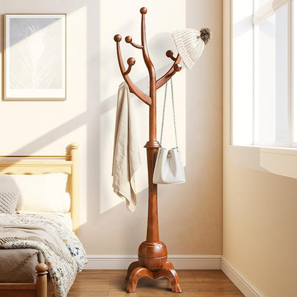 Wooden Coat Rack Freestanding with 8 Hooks, Heavy Duty Coat Hanger Stand with Stable Base, Vintage Coat Tree Standing Coat Racks for Entryway, Hallway, Bedroom (Light Brown)