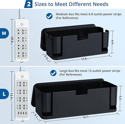 ZhiYo Cable Management Box Black, 2Pack Cord Organizer Box - Extra Large and Medium Size, Cord Hider Box to Conceal Power Strips on Desk or Floor, Made from Electrically Safe ABS Material