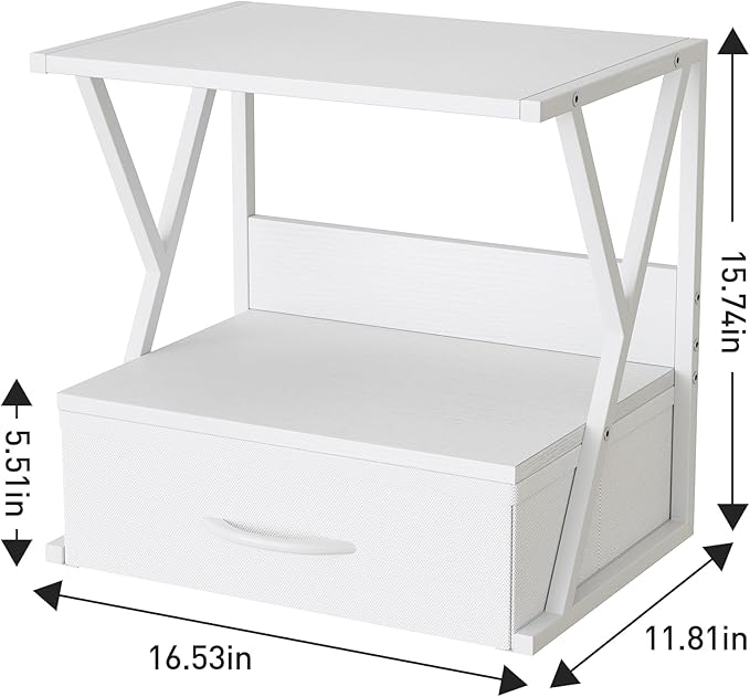 aboxoo Printer Stand for Desk with Storage Drawer, 2 Tier Desktop Or UnderDesk Shelf, Multi-Purpose Desk Organizer for Home Office, fit Fax Machine/3D Printer/Scanner, White