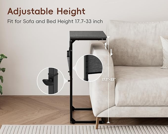 Vagusicc C-Shaped End Table Set of 2 with Charging Station, C Table End Table Adjustable Height Side Table for Couch, Slide Under Sofa Table TV Tray Tables for Living Room,Bedroom,Bedside, Gray Walnut