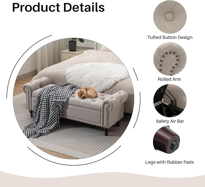 58.1" Storage Bench Upholstered Linen End of Bedroom Bed Bench Ottoman with Tufted Cushioned Rolled Arm Large Storage Space for Reading Living Room Entryway, Light Brown