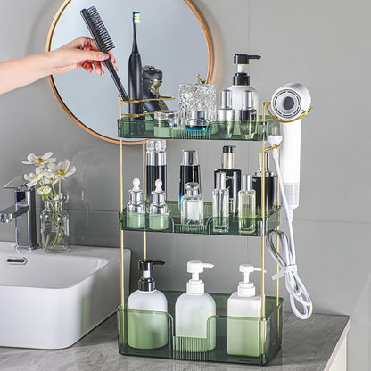 Akinbas 3 Tier Bathroom Organizer Countertop Makeup Perfume Tray Skincare Organizer Comes with Hair Dryer Rack and Toothbrush Holder for Bathroom Dresser Vanity (Green)