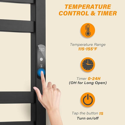 Towel Warmer Matte Black Heated Towel Rack for Bathroom Wall Mounted Electric Towel Dryer Rack with Temperature Control and 24 Timer Plug-in/Hardwired