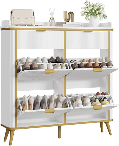Shoe Cabinet with 4 Flip Drawers and 2 Drawers, Modern Fluted Wood Shoe Storage with Adjustable Shelves, Narrow Slim Shoe Organizer for Entrance, Foyer, Hallway, White