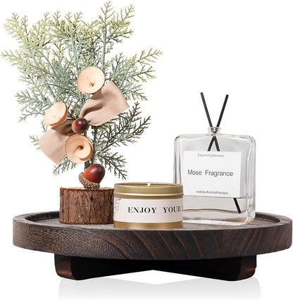 Round Decorative Tray Wood Bathroom Counter Organizer Farmhouse Kitchen Decor Wooden Riser for Soap Dish, Perfume, Candle, Sponge, 8" - Bark Brown