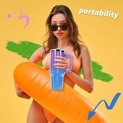 30 oz Shiny Tumbler with Handle and Straw,Stainless Steel Tumbler with Lid and Straw,Insulated Travel Mug(Cold for 34 Hours),Water Bottle for Iced Tea,Coffee (Purple)