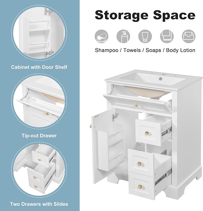 24'' Bathroom Vanity with Sink, MDF & Pinewood Construction, 3 Drawers & Cabinet with 2-Tier Door Storage Rack, Soft-Close Door & Drawers, Modern Design for Small to Medium Bathrooms, White