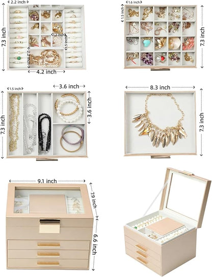 BOOVO Clear Lid Jewelry Box,4 Layers Jewelry Organizer Large Jewelry Storage Box with 3 Drawers,Jewelry Holder Organzier of Rings Earrings Necklace Bracelets for Women (Champagne, 4 Layer)