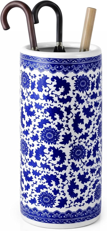 Sawysine Blue and White Ceramic Umbrella Stand, Floral Design Floor Vase for Entryway Indoor Decorative, 19.7" Heavy Porcelain Holder for Umbrellas Canes Home Decor(19.7 Inch,Lotus in Vine)