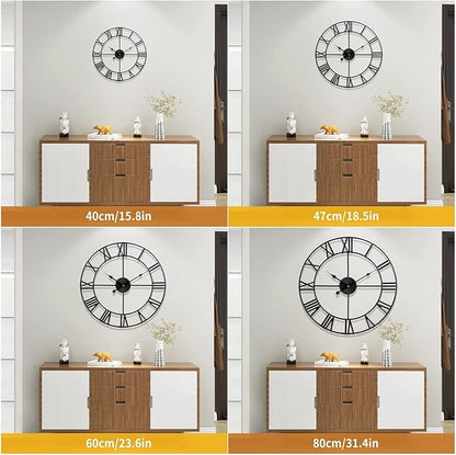 Silent Non-Ticking Decorative Large 24 Inch Metal Vintage Retro Roman Numerals Wall Clock, Battery Operated for Living Room, Bedroom, Kitchen, Office, Cafe Farmhouse Decor