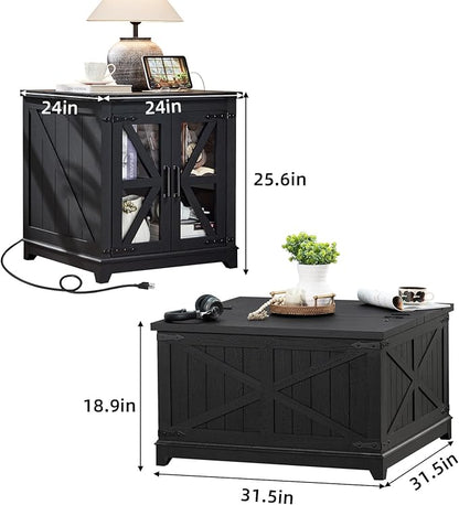 Farmhouse Coffee Table Sets 2 Pieces, Large End Side Tables with Charging Station and Coffee Table with Hidden Storage Compartment, Black Living Room Table Set, Wood Furniture Sets for Home Office