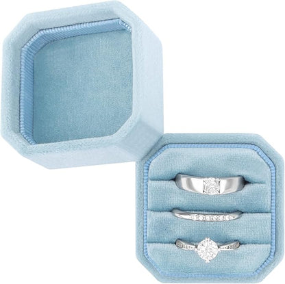 DesignSter Velvet Ring Box - Square 3 Slots, Wedding & Engagement Proposal, Premium Ring Bearer Box (Dark Blue)