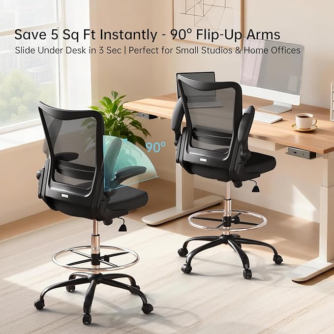 Ergonomic Drafting Chair for Standing Desk, Tall Office Chair with Height Adjustable Arms & Foot Ring, High Back Mesh Counter Stool with Rocking Function