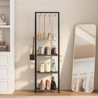 3-Tier Purse Rack Stand with 8 Hooks - Tall Narrow Purse Organizer for Entryway/Closet Organization, Bag Organizer for Various Bags(Gray)