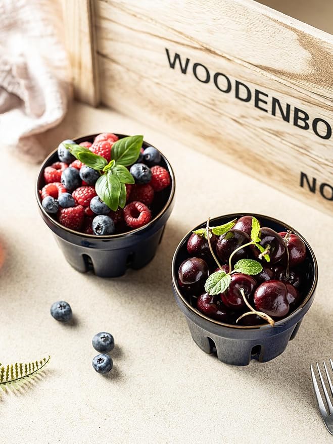 Gomakren Ceramic Fruit Basket Set of 2, Round Fruit Bowl with Holes, Fruit Storage Containers for Fridge, Small Berry Basket for Kitchen, Berries, Strawberry, Grape, Cherry - Cobalt Blue