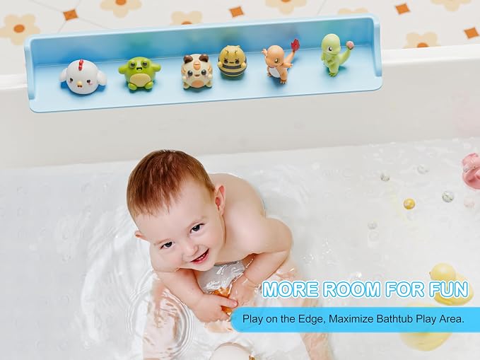 Cushore 3-Ft Bathtub Splash Guard PlayPad with Strong Suction Cups, Toy Tray Caddy Holder Storage, No-Leak, Mess-Free Bath Time for Kids, Blue