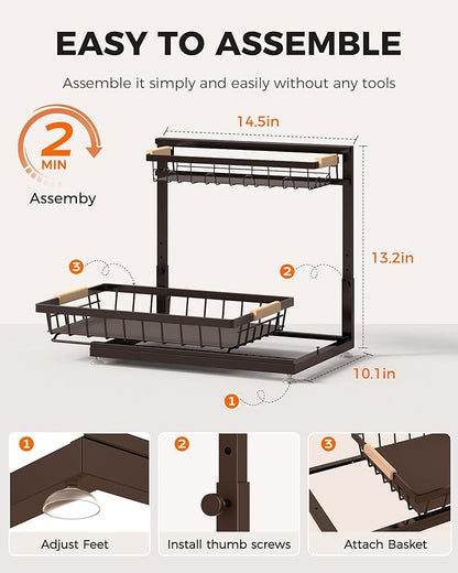 Sevenblue 3 Pack Under Sink Organizer, Height Adjustable 2 Tier Pull-Out Metal Under Kitchen Sink Organizer, Multi-Purpose Storage Shelves for Kitchen Bathroom Cabinet, Brown