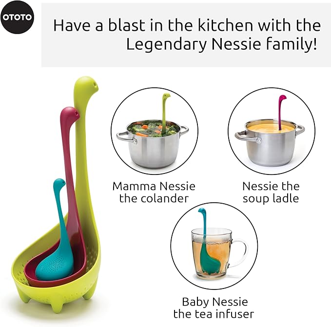 The Nessie Family by OTOTO - Pack of 3 Tea Infuser, Soup Ladle, and Colander - Cute Kitchen Accessories, Cooking Gifts, Funny Kitchen Gadgets, Kitchen Gifts