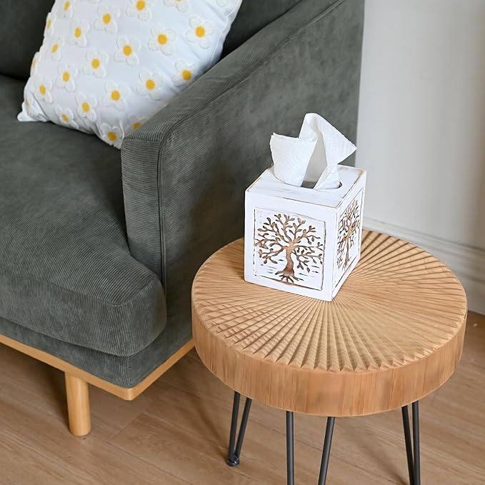 SwallowLiving Wooden Tissue Box Cover Square - Weighted Farmhouse Facial Tissue Holder with Sliding Bottom - Distressed White Tree of Life Dispenser for Bathroom Vanity, Bedroom & Living Room Decor