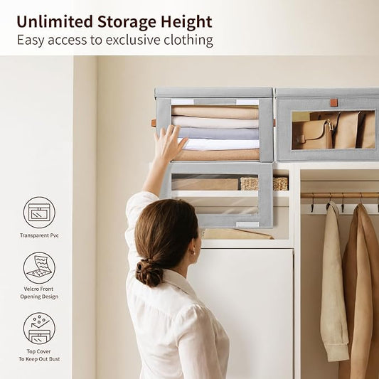 Homsorout Large Closet Storage Organizer - Clothes Storage Bins with Handles & Window, Collapsible Decorative Boxes with Lids, Fabric Containers for Living Room, Dorm, 2 Pack, Grey