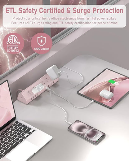 Jgstkcity Desk Clamp Power Strip,45W Fast Charging Station,4 USB-C,4 USB-A,1200J Surge Protector,ETL Listed,1875W Extension Cord,Multiple Outlets for Home, Office (Pink, 10 FT Cable)